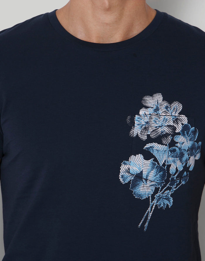 Blue Floral Print Crew Neck T-Shirt