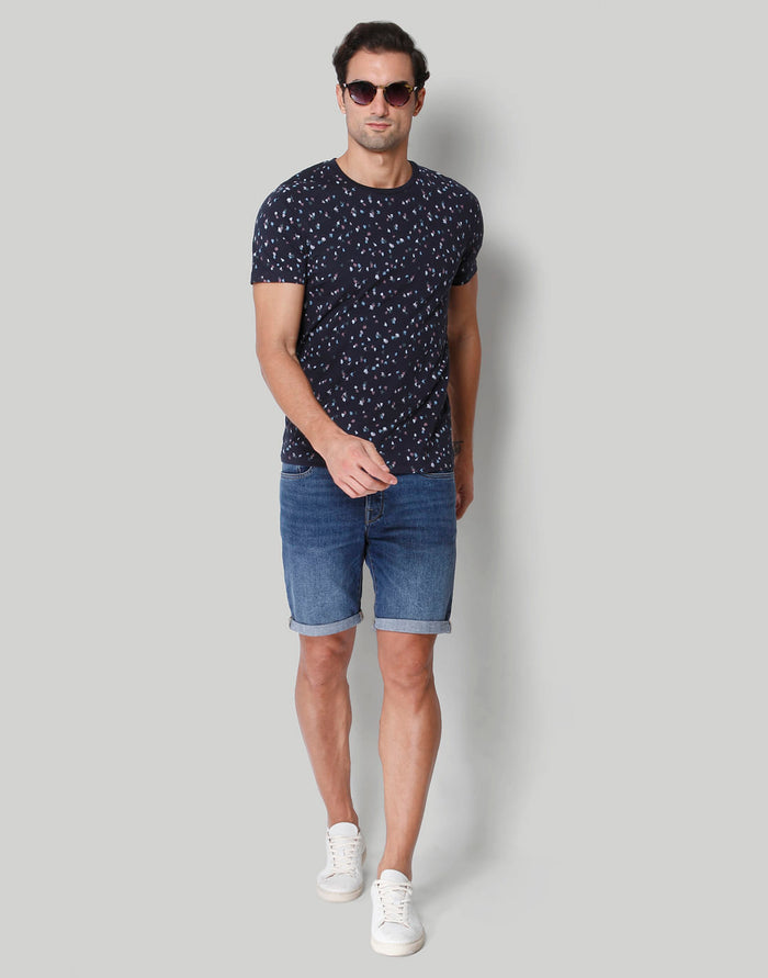 Blue Floral Print Crew Neck T-Shirt