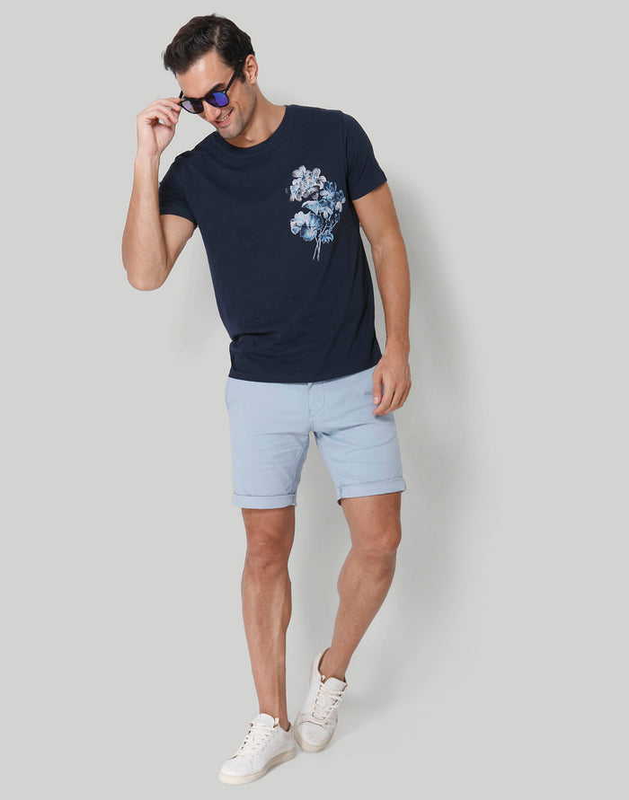 Blue Floral Print Crew Neck T-Shirt