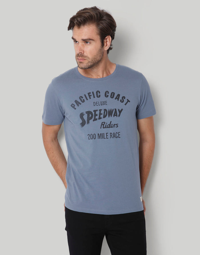 Blue Printed Crew Neck T-Shirt