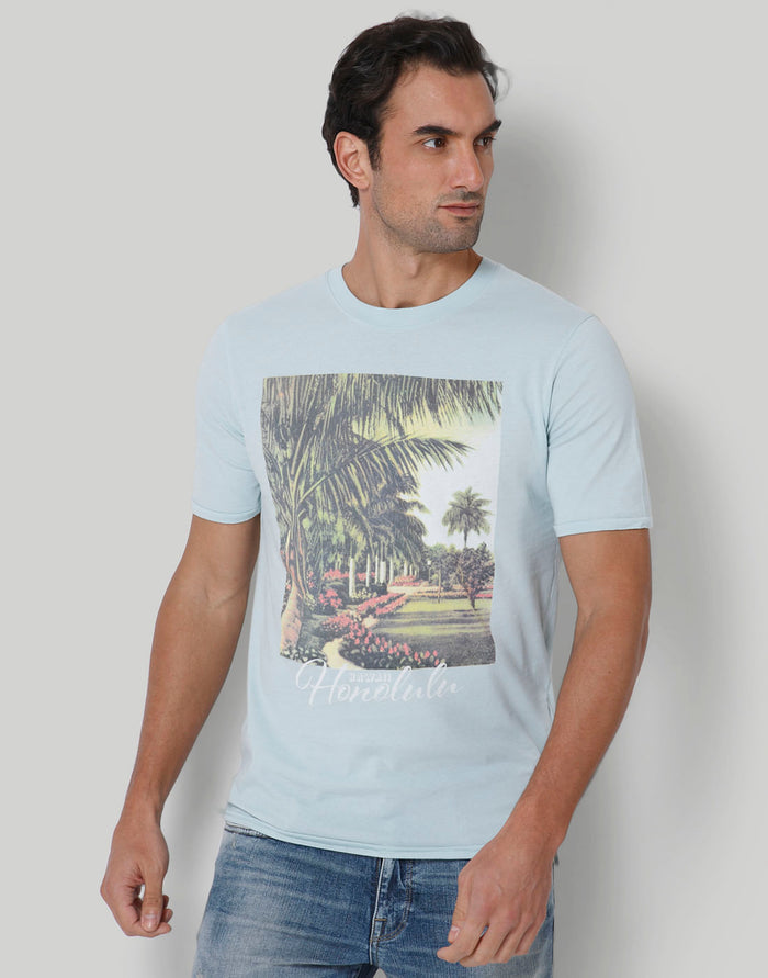 Blue Printed Crew Neck T-Shirt