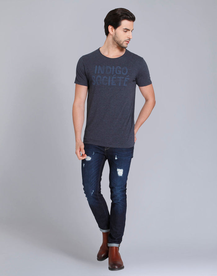Blue Printed Crew Neck T-Shirt