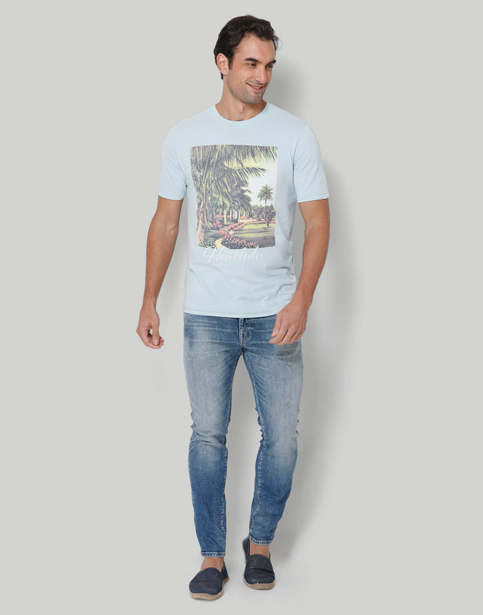 Blue Printed Crew Neck T-Shirt