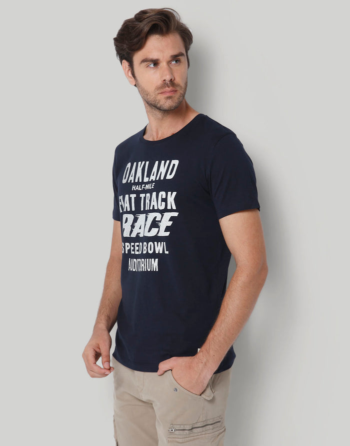 Blue Printed Crew Neck T-Shirt