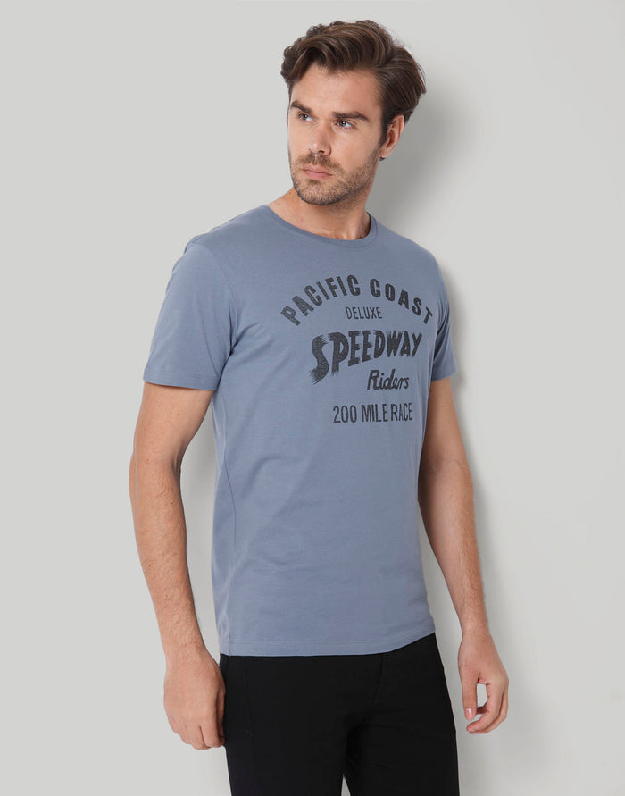 Blue Printed Crew Neck T-Shirt