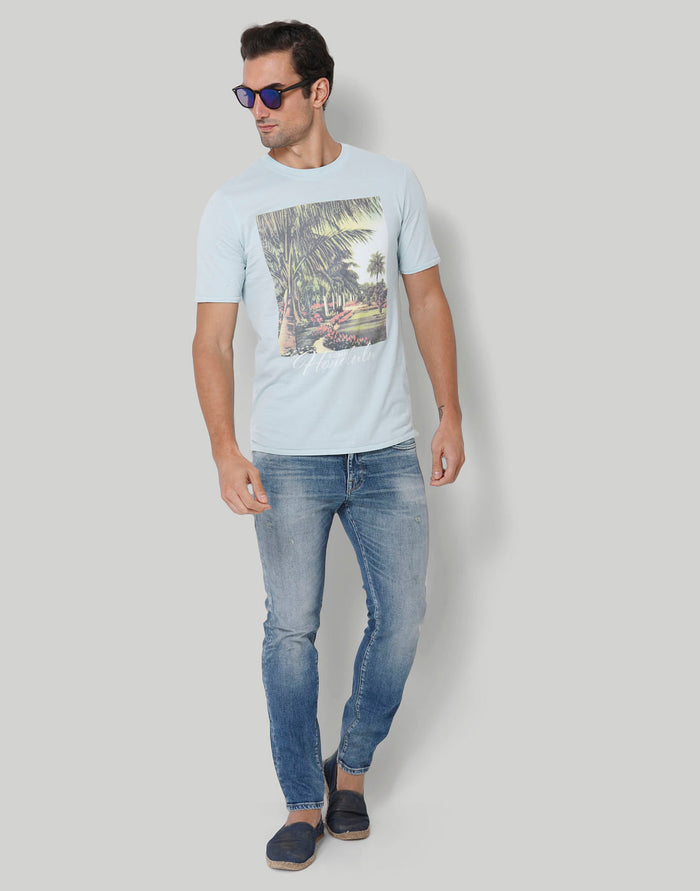 Blue Printed Crew Neck T-Shirt