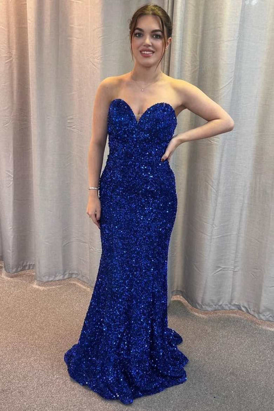 Blue Sequin Sweetheart Lace-Up Mermaid Long Formal Dress