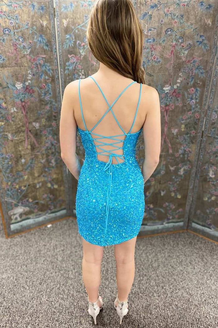 Blue Sequin V-Neck Lace-Up Short Party Dress