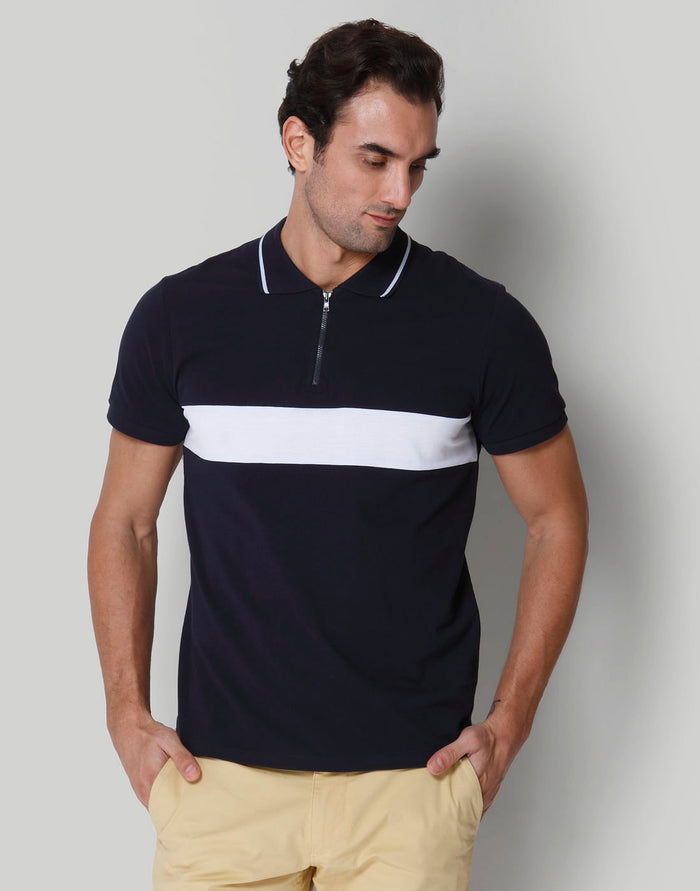 Blue Striped Polo Neck T-Shirt