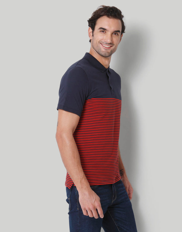 Blue Striped Polo Neck T-Shirt