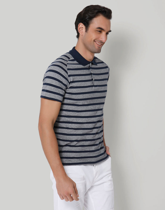 Blue Striped Polo Neck T-Shirt