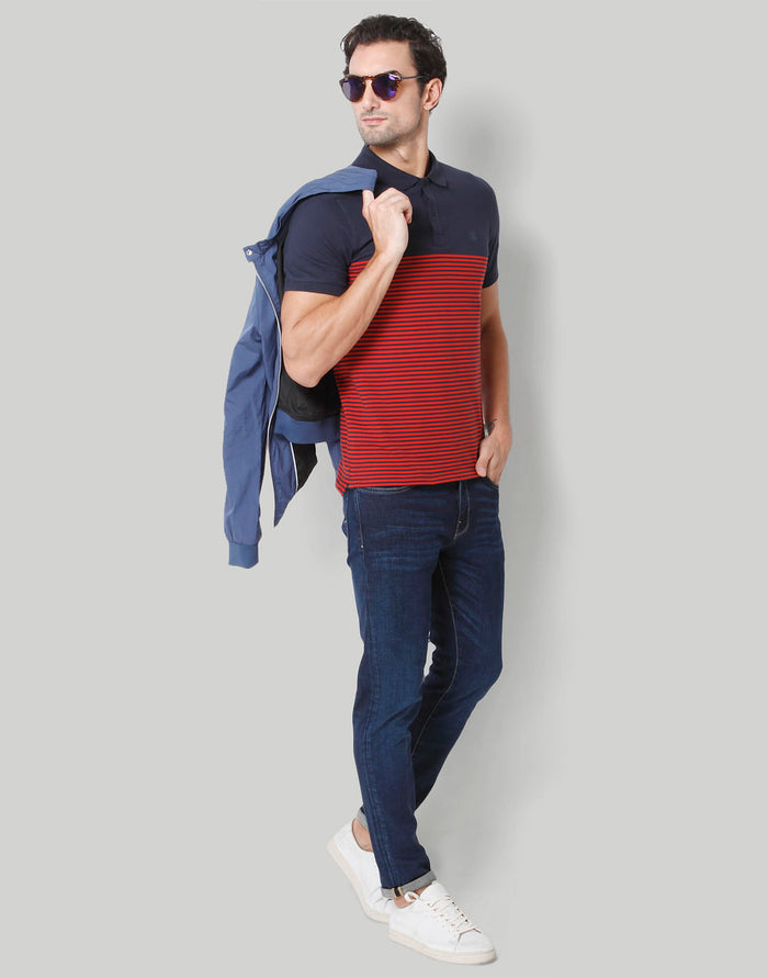 Blue Striped Polo Neck T-Shirt