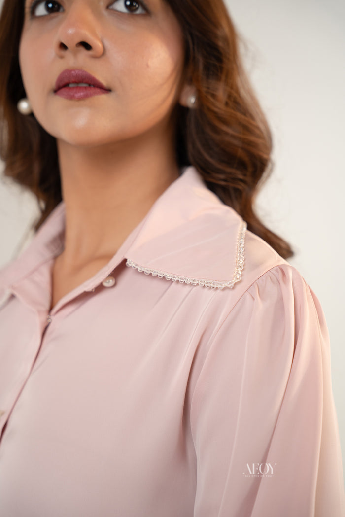 Elegant pink pearl shirt outfit