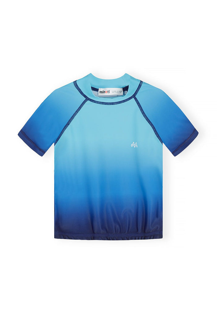 Boys fitted rash top in ombre blue, front view, features short sleeves and elastic crew neck.
