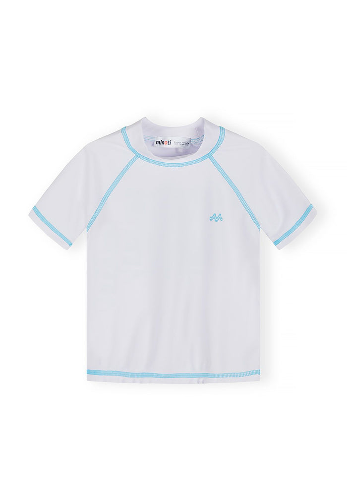 Boys fitted rash top in white with blue trim, front view, short sleeves and crew neck.
