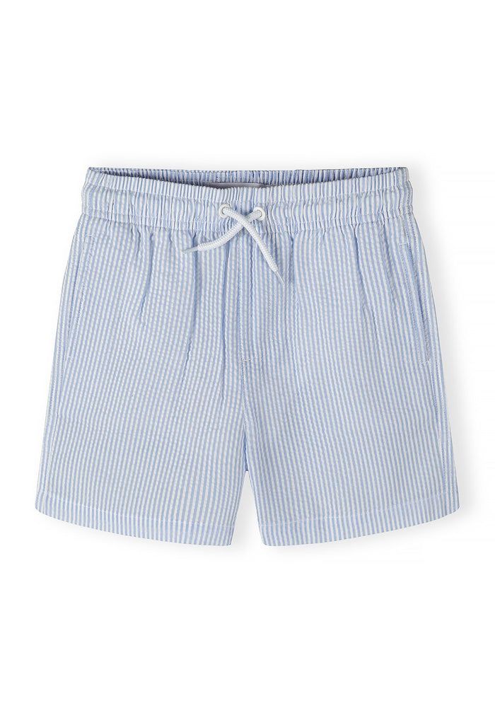 Boys swim shorts in blue and white striped design, front view, elasticated waistband.