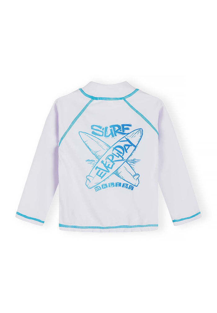 Boys' white rash vest with blue surf graphic, back view, long sleeves.