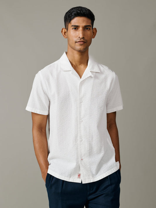 Aubin Vintage White Brambling Seersucker Short Sleeved Shirt | Short Sleeve Shirt