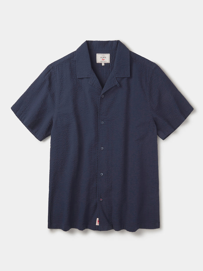 Aubin Navy Brambling Seersucker Short Sleeved Shirt | Short Sleeve Shirt