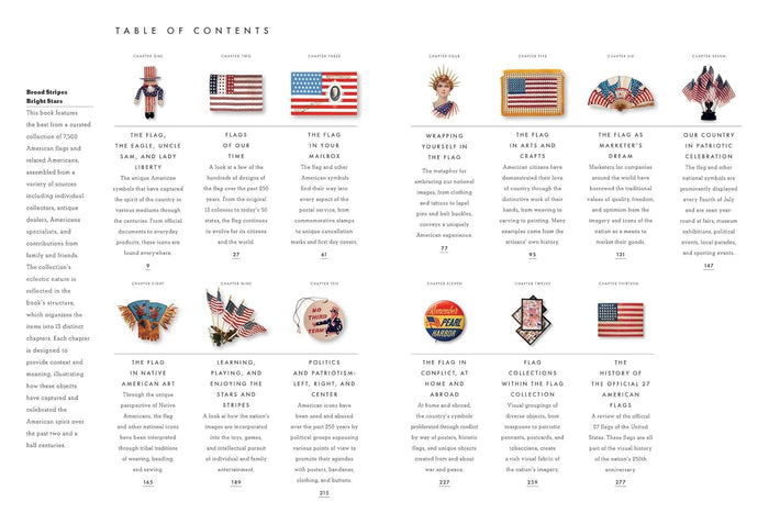 Table of contents with images and text related to American flags and symbols on a white background.