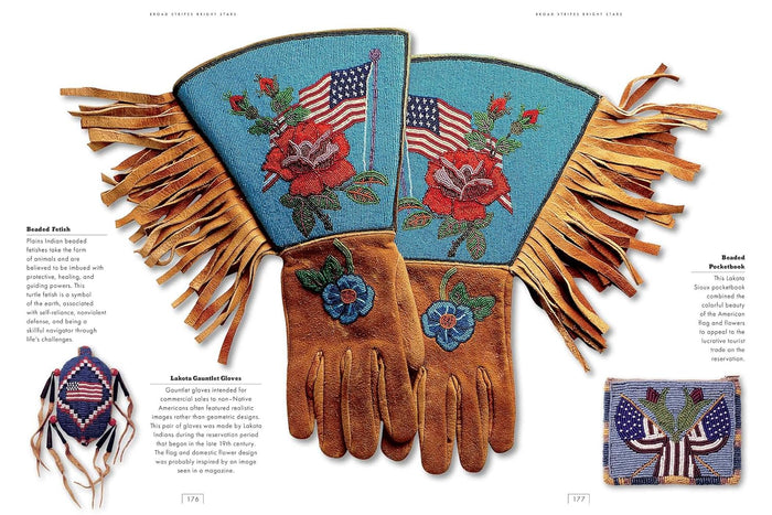Pair of beaded gloves with American flags and floral designs on a white background