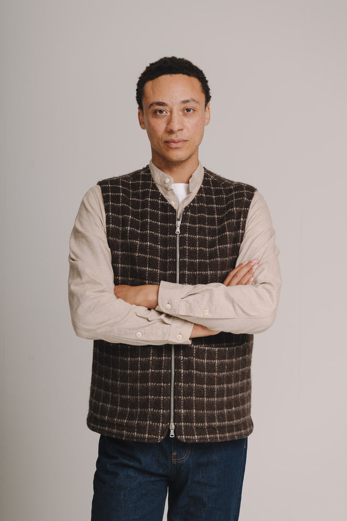 Brown Chalk Check Wool Gilet, Gilet - SIRPLUS
