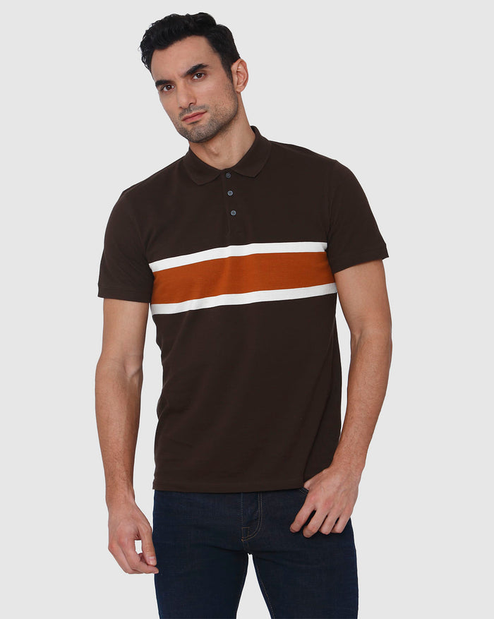 Brown Colourblocked Polo Neck T-Shirt