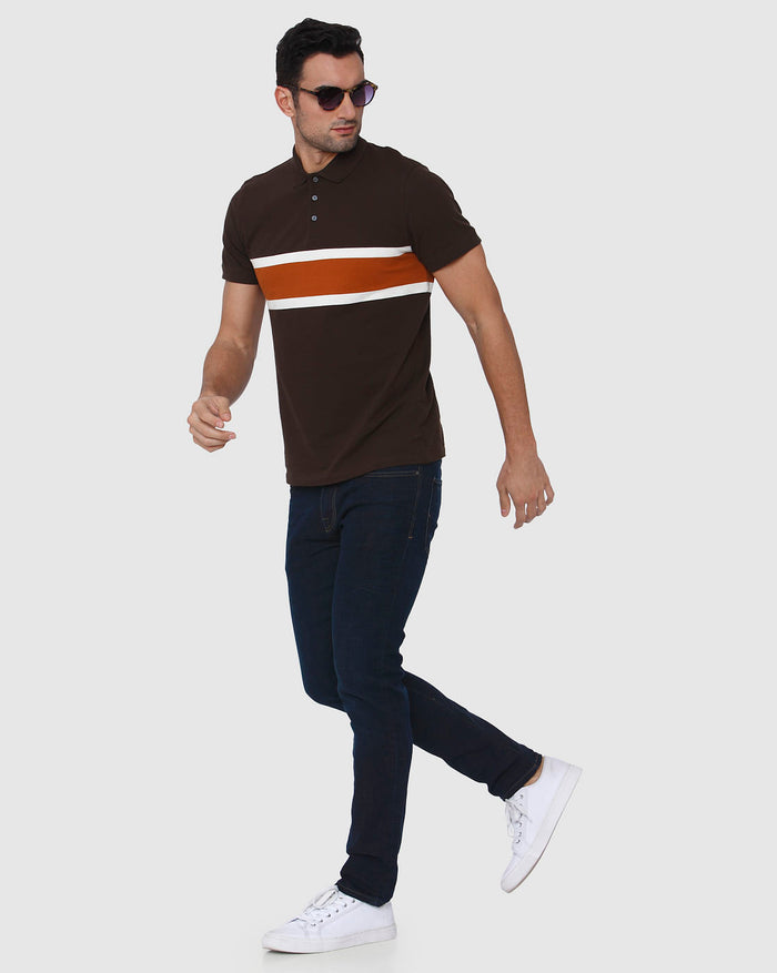 Brown Colourblocked Polo Neck T-Shirt