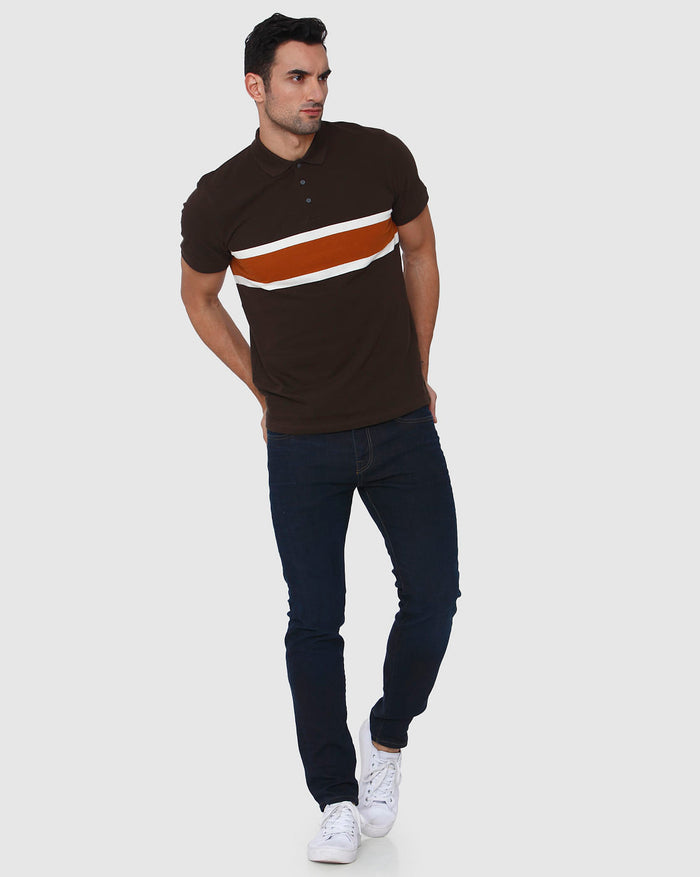 Brown Colourblocked Polo Neck T-Shirt