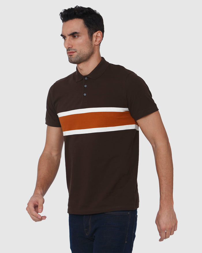 Brown Colourblocked Polo Neck T-Shirt