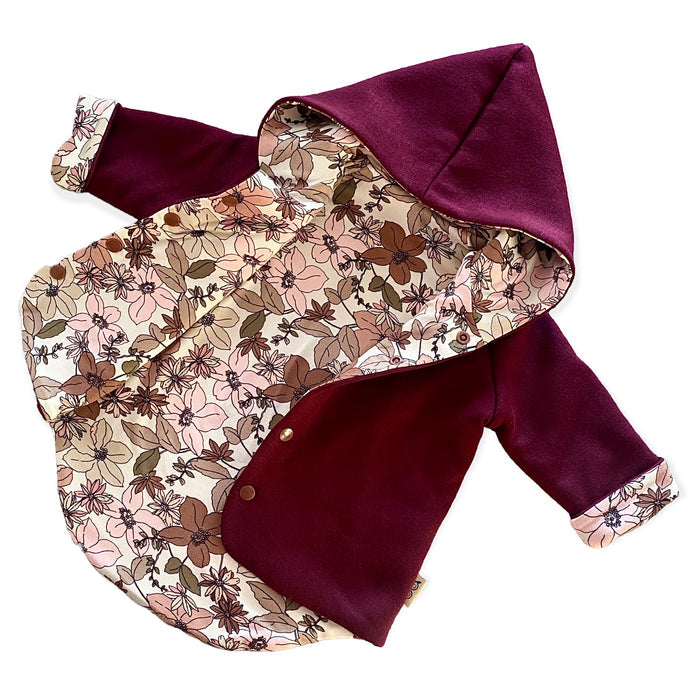 Burgundy and Nude Boho Floral Hooded Jacket