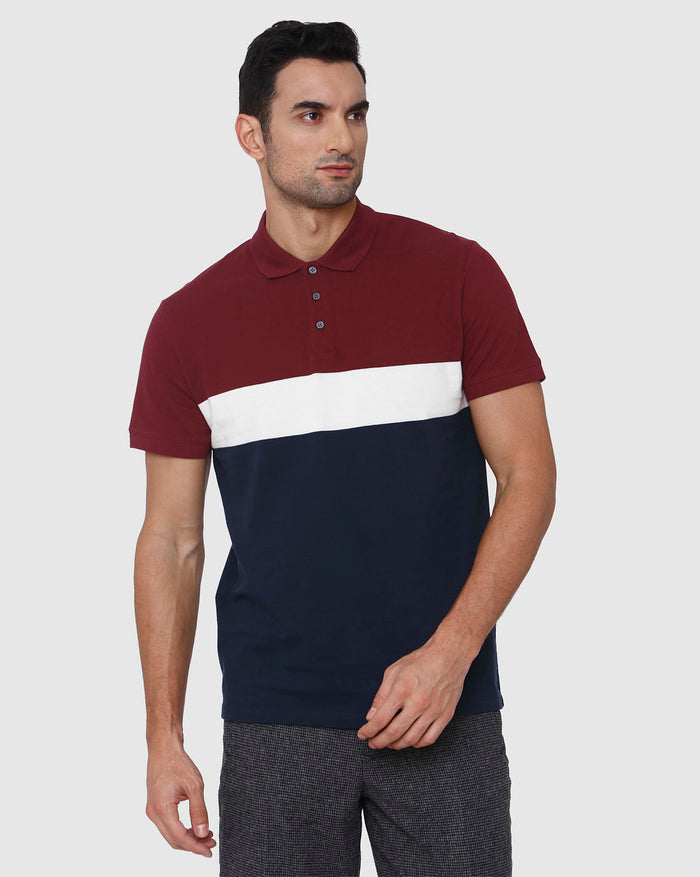 Burgundy Colourblocked Polo Neck T-Shirt