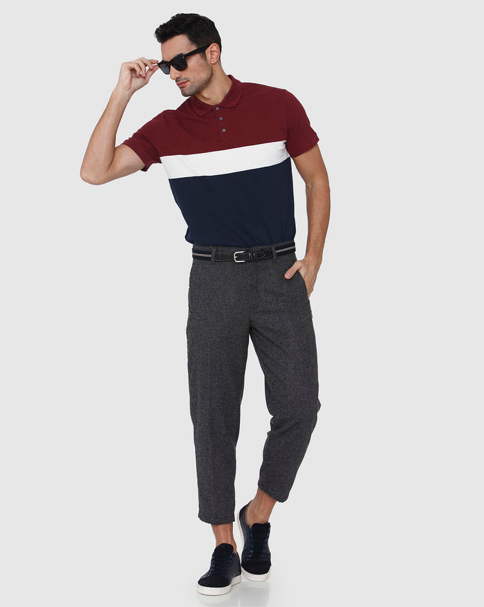 Burgundy Colourblocked Polo Neck T-Shirt