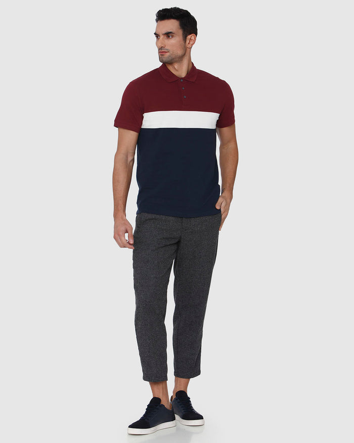 Burgundy Colourblocked Polo Neck T-Shirt