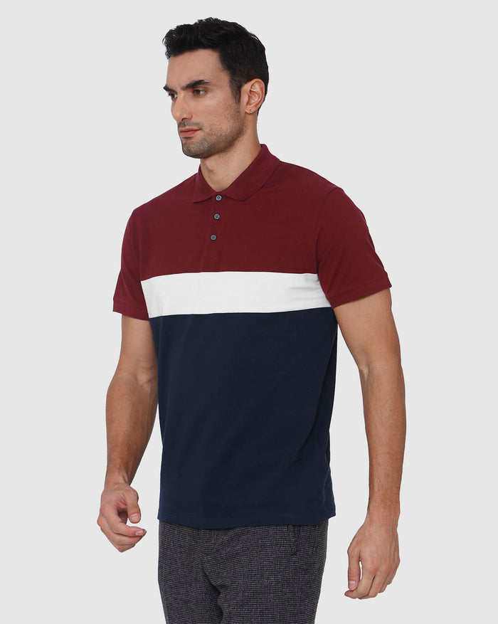 Burgundy Colourblocked Polo Neck T-Shirt