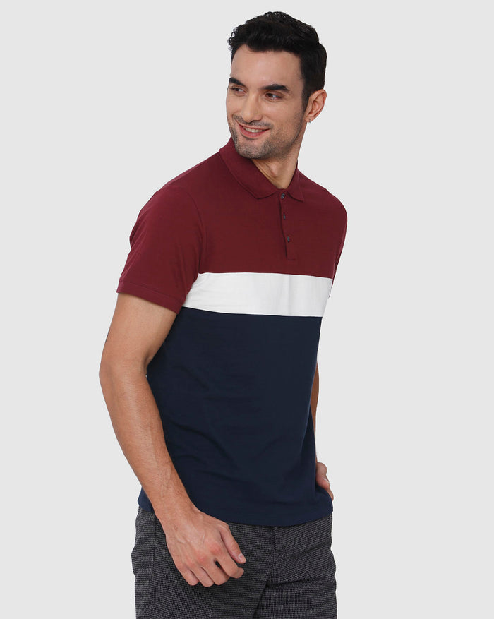 Burgundy Colourblocked Polo Neck T-Shirt
