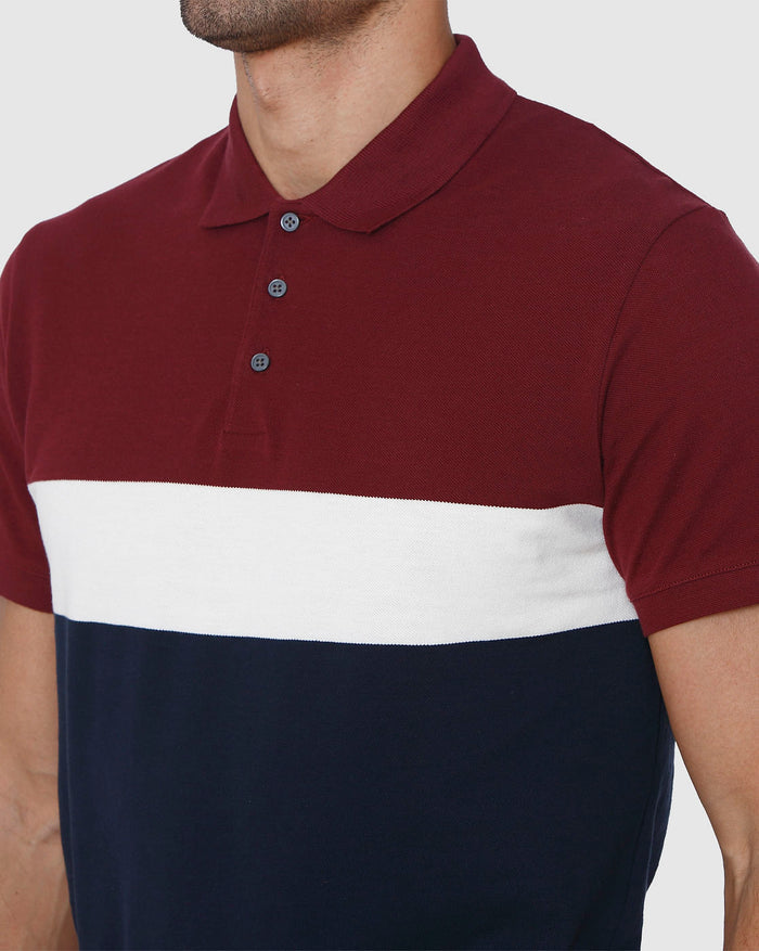 Burgundy Colourblocked Polo Neck T-Shirt