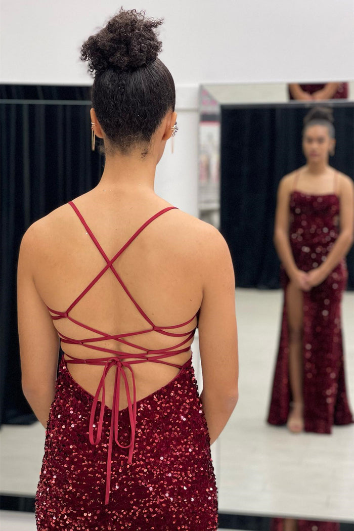 Burgundy Mermaid Lace-Up Back Sequins Long Prom Dress with Slit