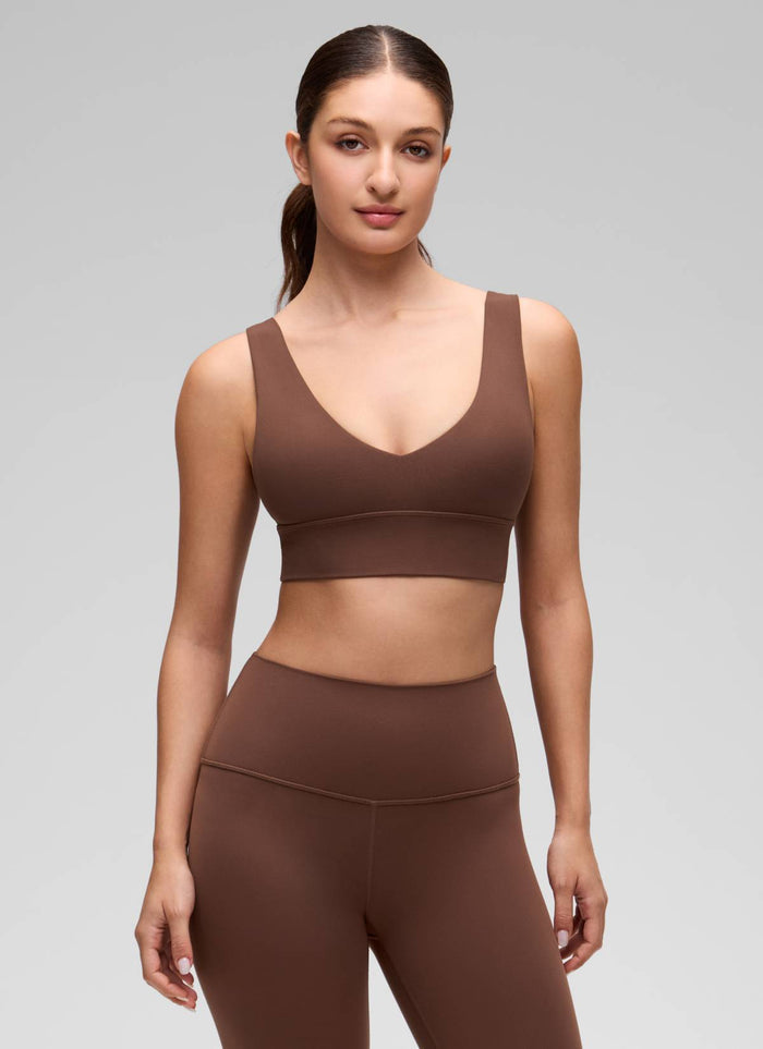 CRZ YOGA Women's Light Support Butterluxe Yoga Bra Longline U back V Neck Coffee Brown