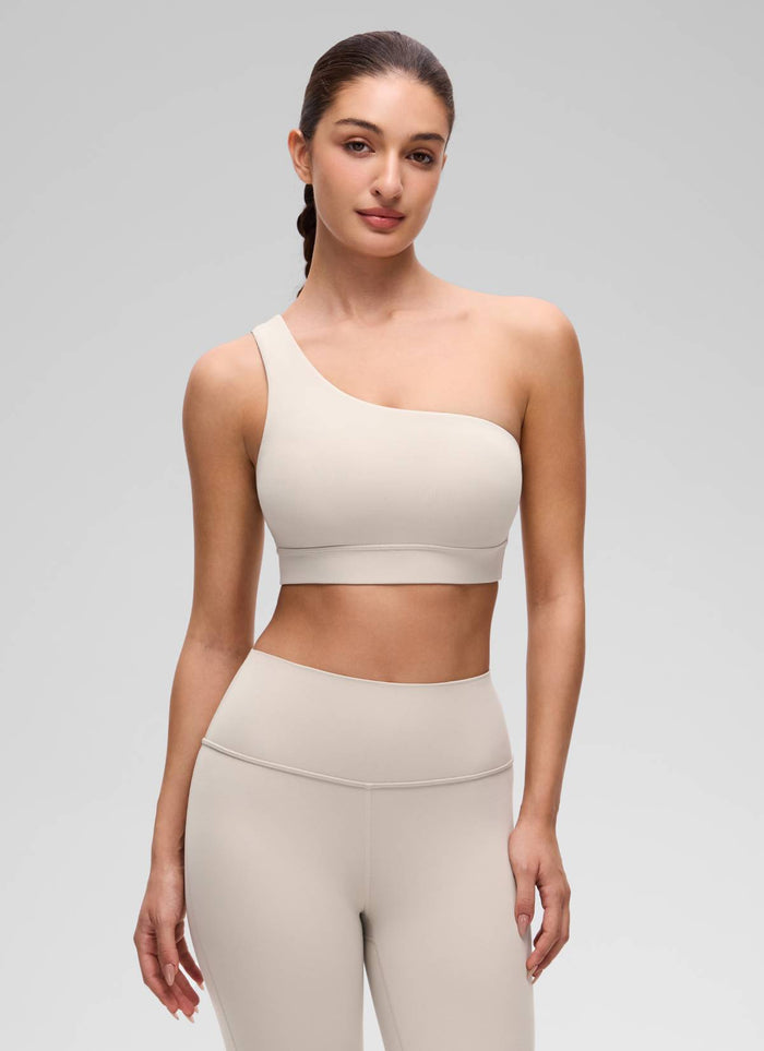 CRZ YOGA Butterluxe Womens One Shoulder Sports Bra Asymmetrical Padded Mojave Tan