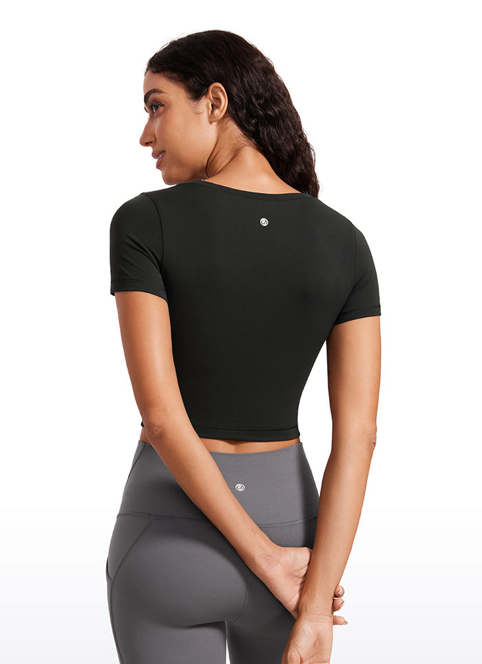 CRZYOGA Women's Slim Fit Scoop Neck Cropped Short Sleeves Black