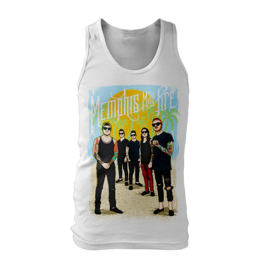 A white Memphis May Fire tank top with a vibrant graphic of five tattooed men in sunglasses on a beach, palm trees, and the band name in stylized text above.