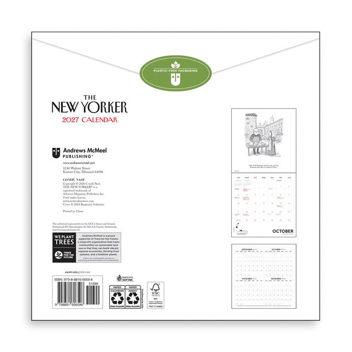 The back cover of The New Yorker 2027 Calendar by Andrew McMeel, published by Andrews McMeel Publishing. The white cover features a green oval logo for 'Plastic Tree Products' at the top, publication details on the left, and sample calendar pages for October and a weekly illustration on the right.
