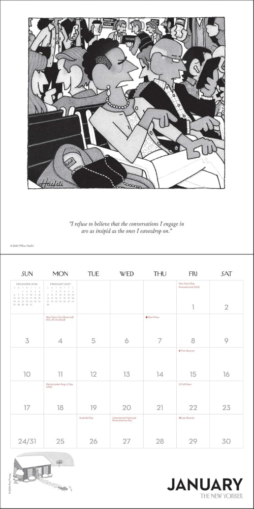 A black-and-white illustrated calendar page from January featuring a crowded street scene at the top, a quote in the center, and a January calendar grid with small drawings at the bottom.