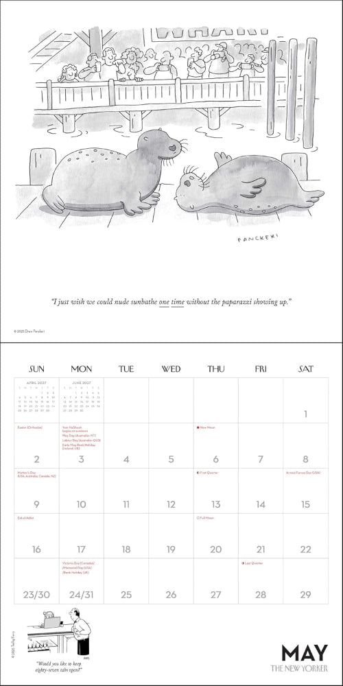 A black and white New Yorker calendar page for May, featuring a cartoon illustration at the top and a monthly calendar grid at the bottom.