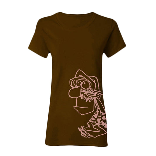 Gorilla Biscuits brown short-sleeve t-shirt with a simple line drawing of a cartoon character wearing a hat, mustache, and patterned shirt on the lower front.