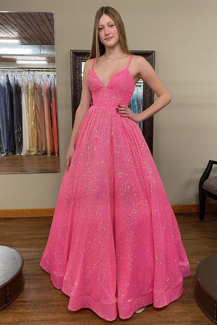 Champagne Sequin Empire A-line Long Prom Dress