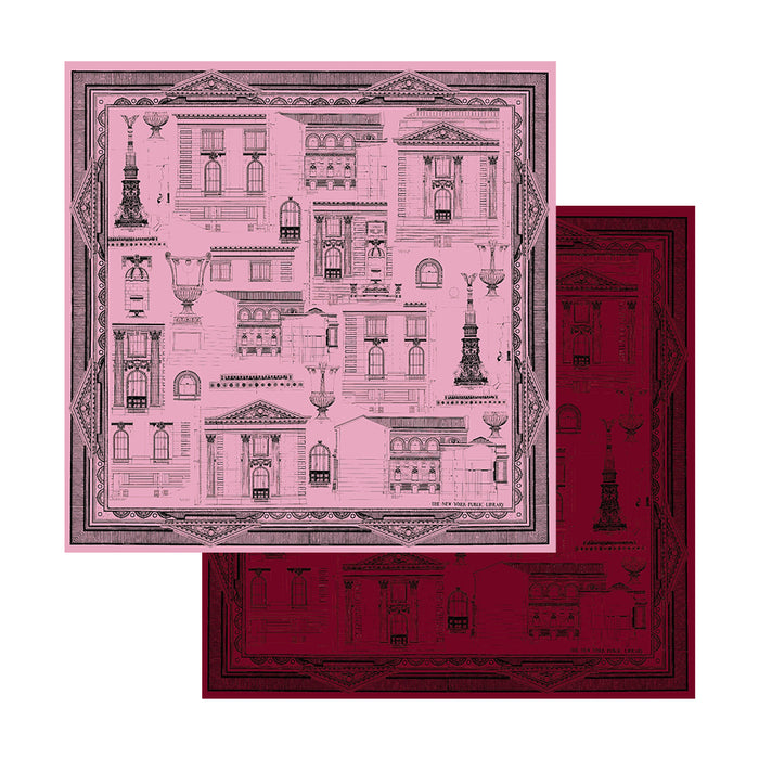 Image shows both sides of the double-sided red and pink silk scarf.