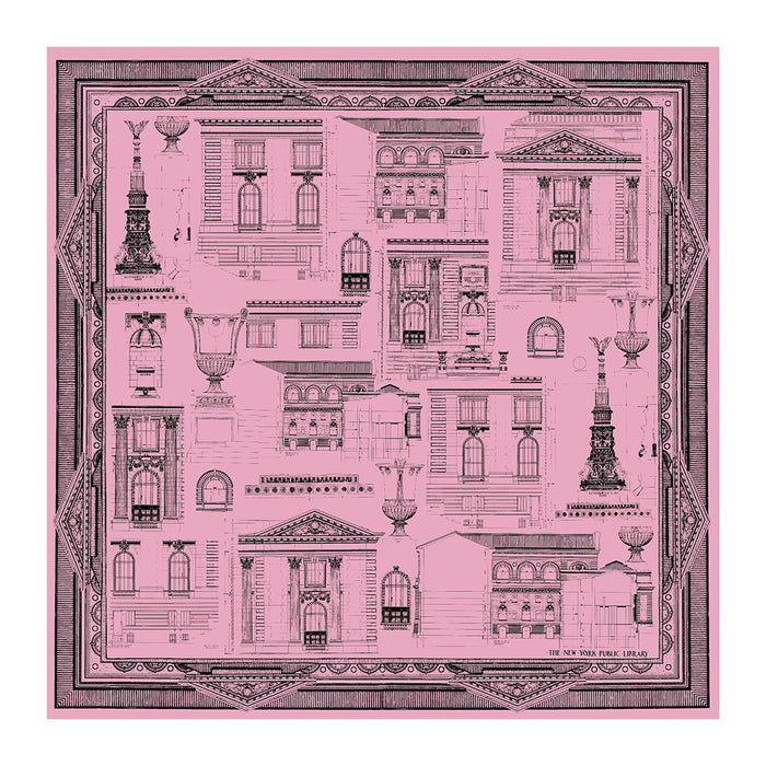 Pink scarf with architectural design on a white background