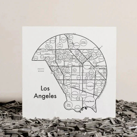 A black and white letterpress printed map of the city of Los Angeles.